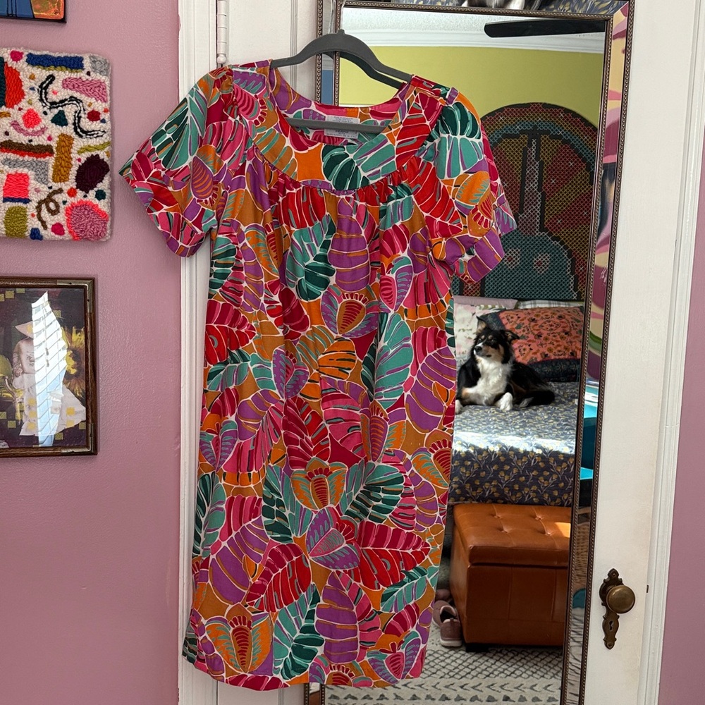 80s Vintage Sears Yellow Purple Green 100% Cotton Monstera Print MuuMuu Size M